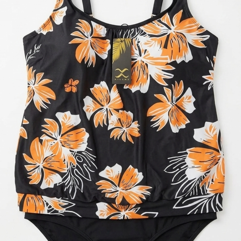 Tropical Floral Adult Swim Two Piece - Black and Orange